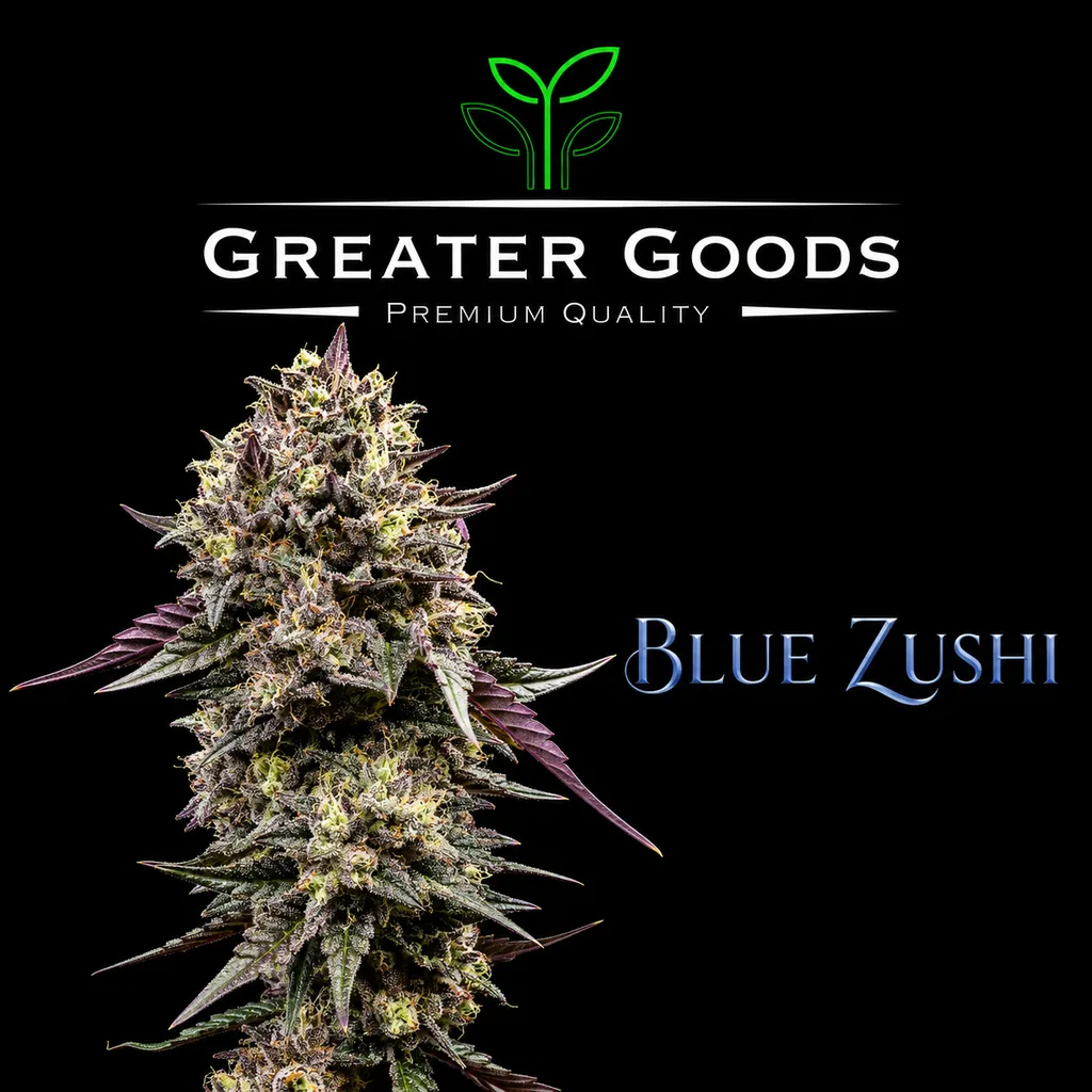 Purple-edged, frosty cannabis cola on black under the Greater Goods logo, with Blue Zushi lettering.