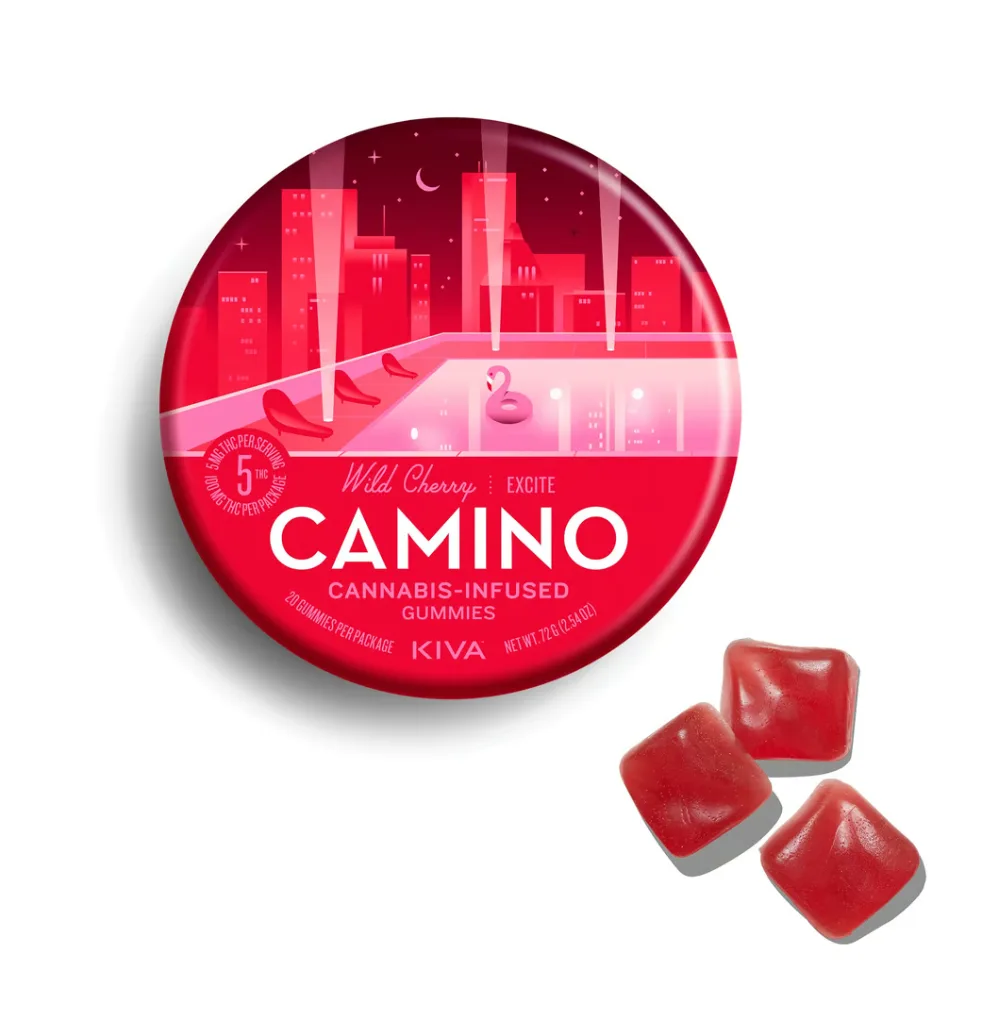 Round pink and red KIVA Camino Wild Cherry tin with a city skyline and pool scene, next to three red square gummies.
